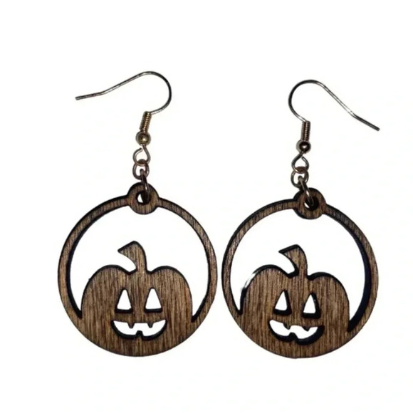 Handcrafted Wooden Pumpkin Earrings - Picture 1 of 4